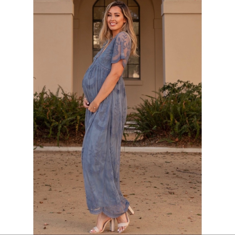 PinkBlush Blue Lace Mesh Maternity Dress